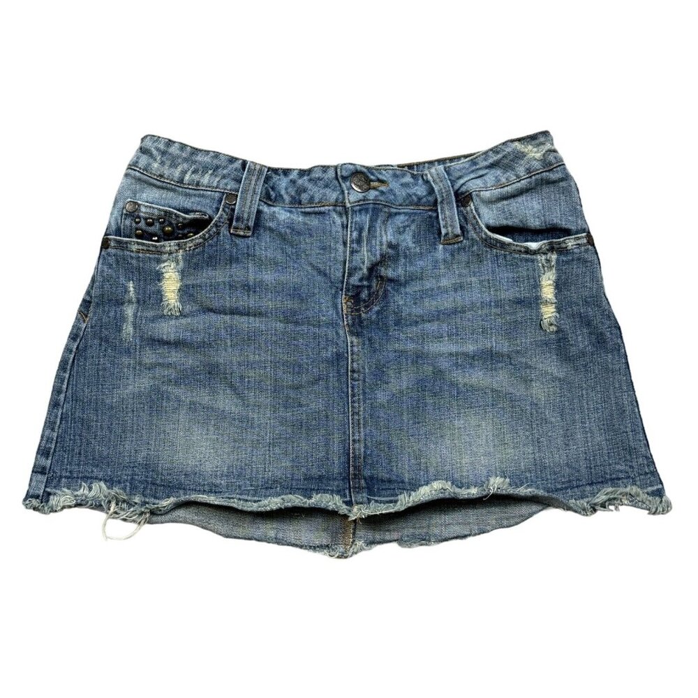 Hint Jeans Denim Skirt Womens Size 5 Blue Distressed Studded Pockets Medium Wash